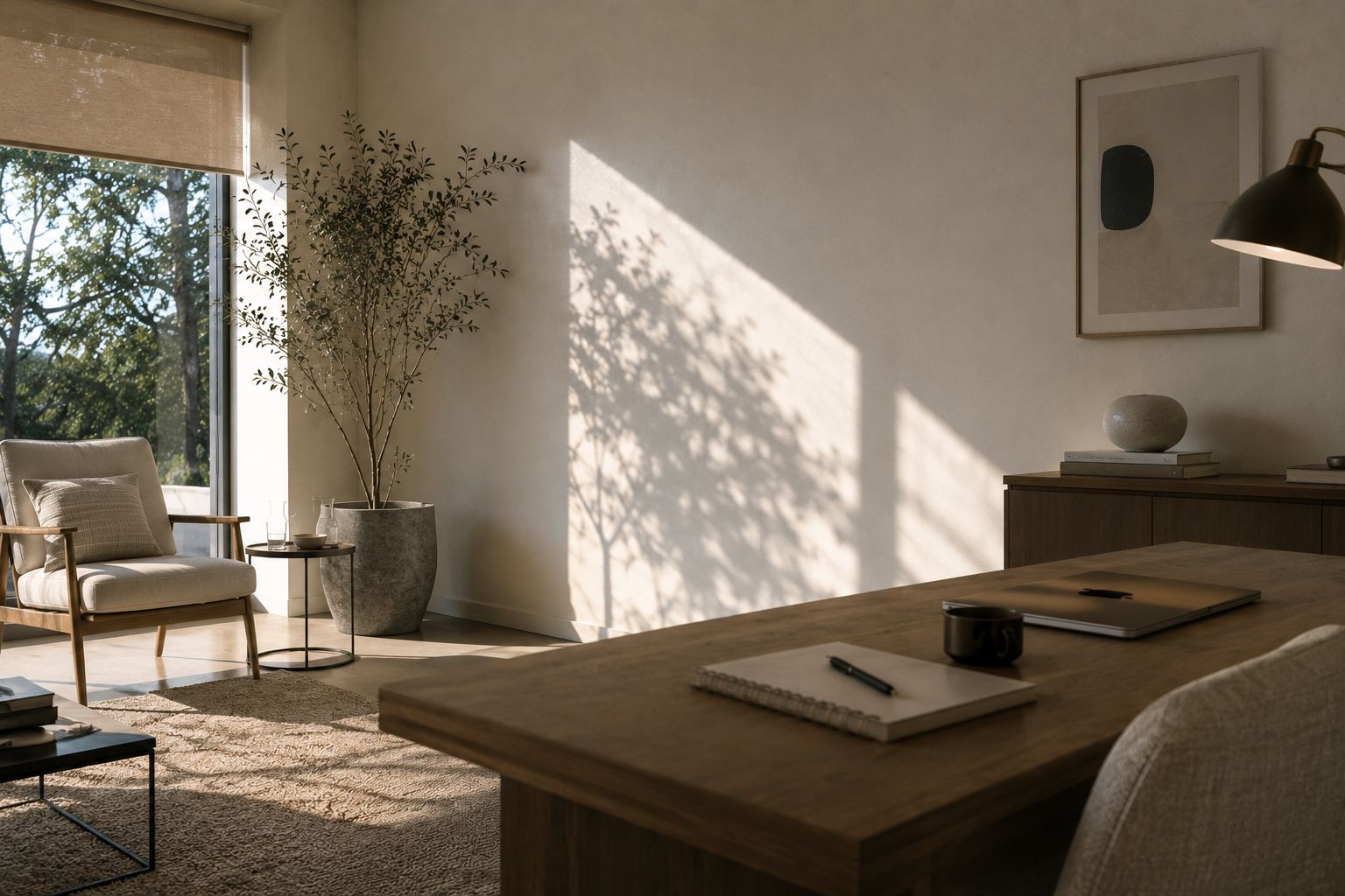 Espaço sereno em tons quentes